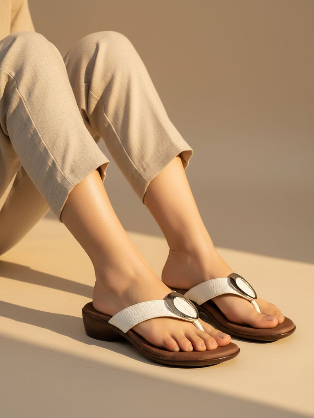 Womens Cream Casual Solid Pattern Round Toe Shape Block Heels