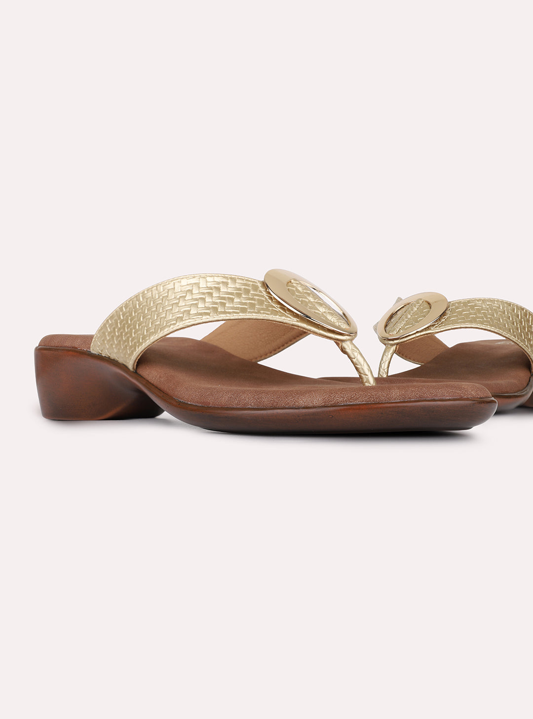 Womens Golden Casual Solid Round Toe Block Heels