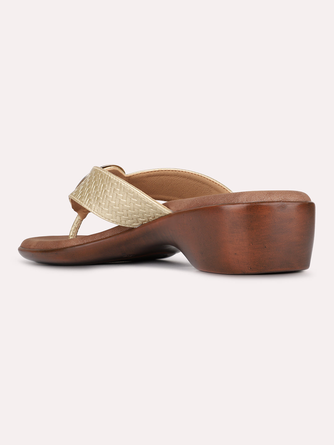 Womens Golden Casual Solid Round Toe Block Heels