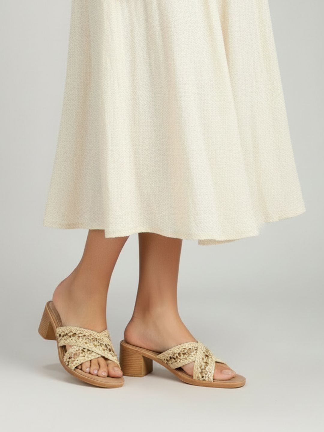 Womens Beige Casual Embellished Round Toe Block Heels