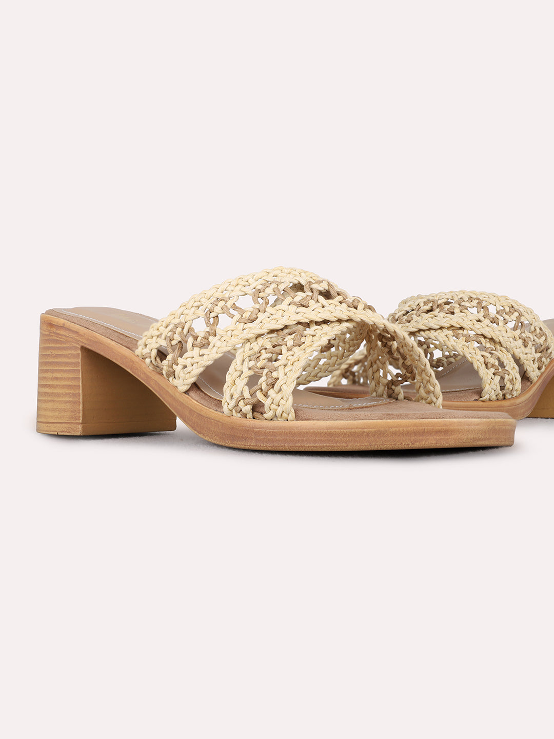 Womens Beige Casual Embellished Round Toe Block Heels