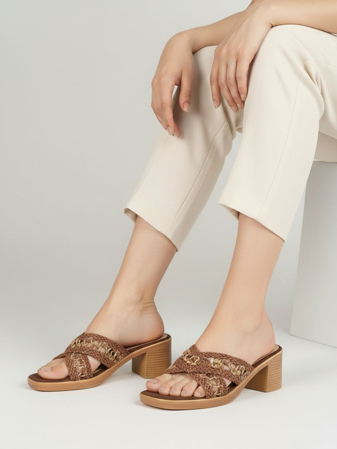 Womens Brown Casual Embellished Round Toe Block Heels