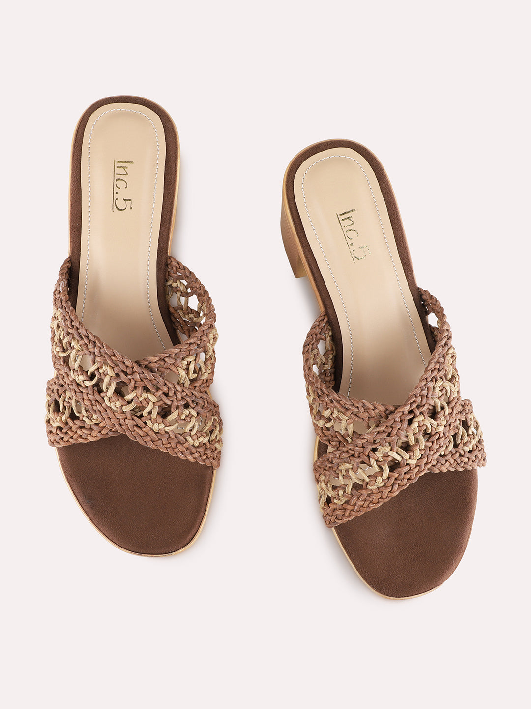 Womens Brown Casual Embellished Round Toe Block Heels