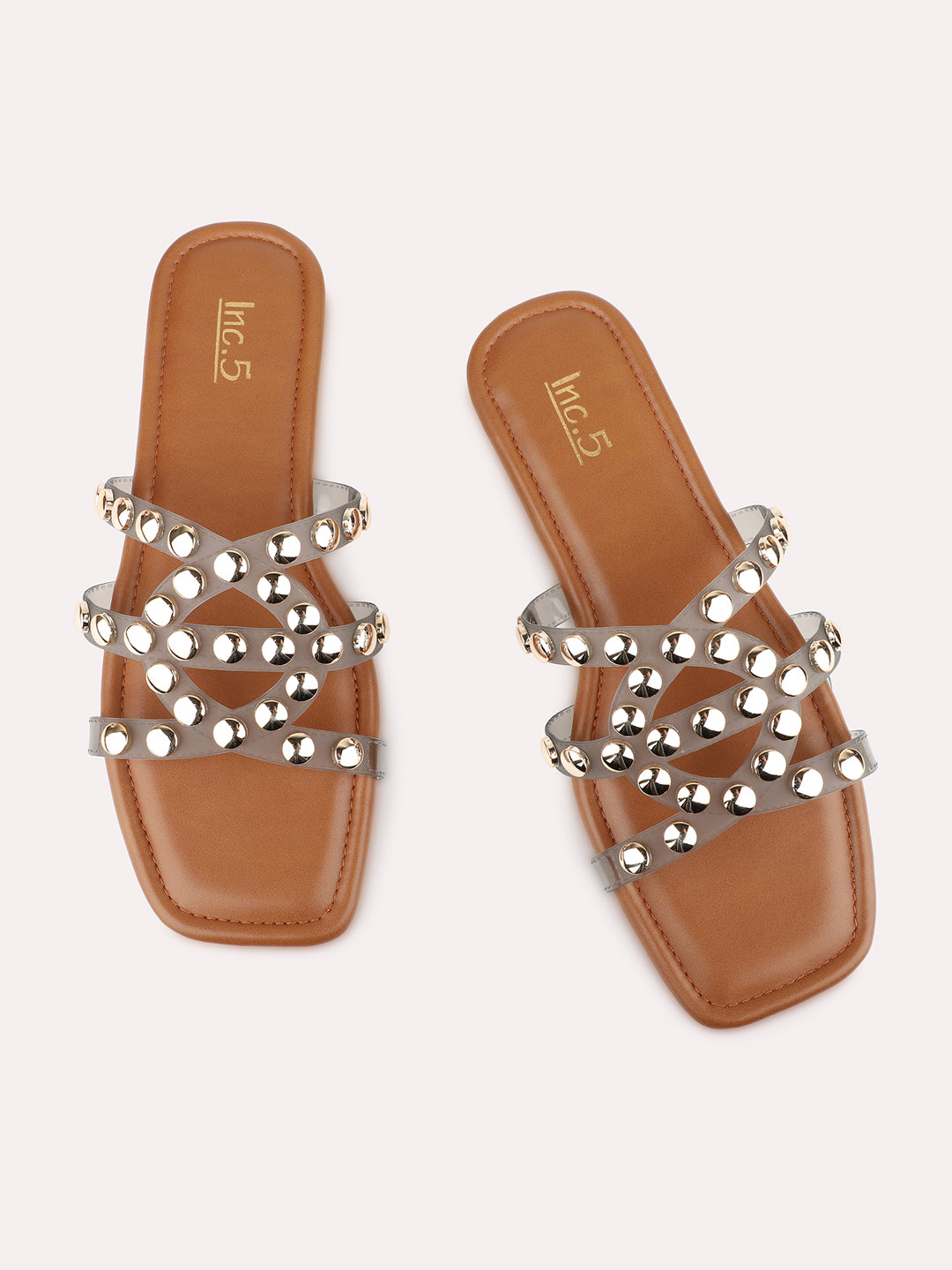 Womens Brown Casual Embroidered Open Toe Flat Slip-Ons