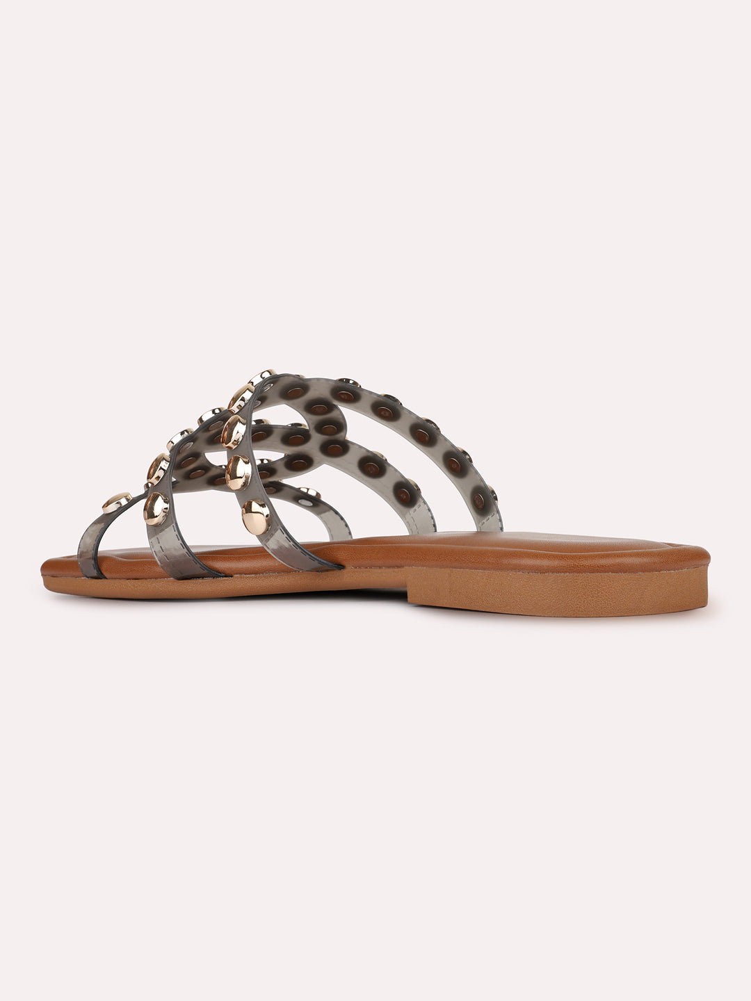Womens Brown Casual Embroidered Open Toe Flat Slip-Ons