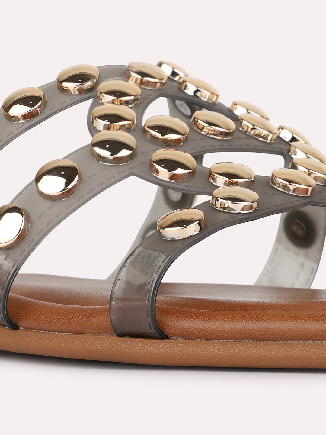 Womens Brown Casual Embroidered Open Toe Flat Slip-Ons