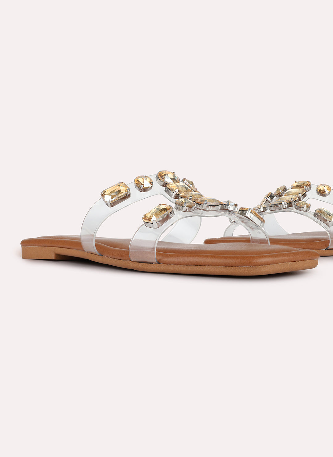 Womens Golden Casual Embellished Pattern Open Toe Slip-On Flats