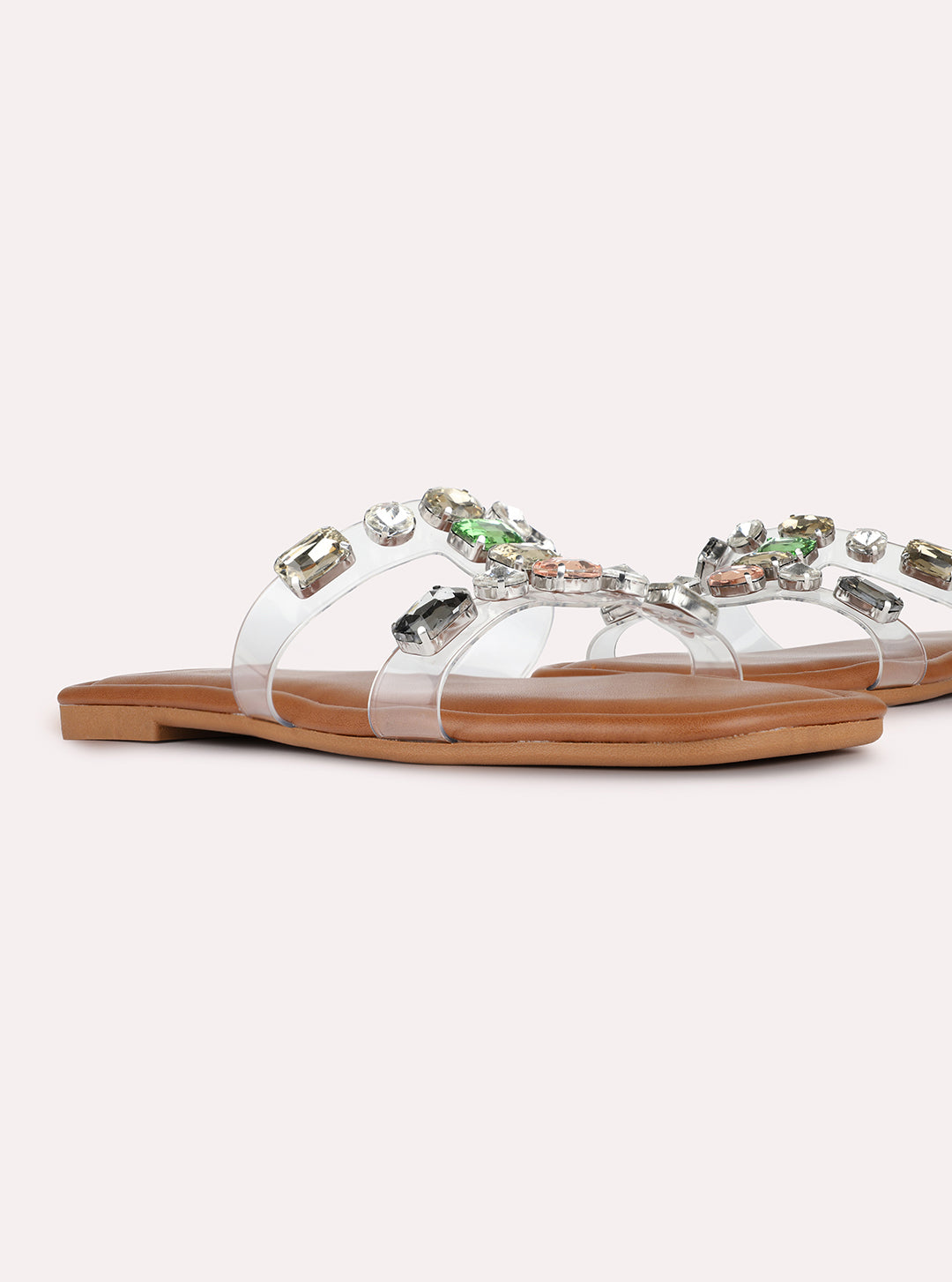 Womens Multi Casual Embellished Open Toe Slip-On Flats