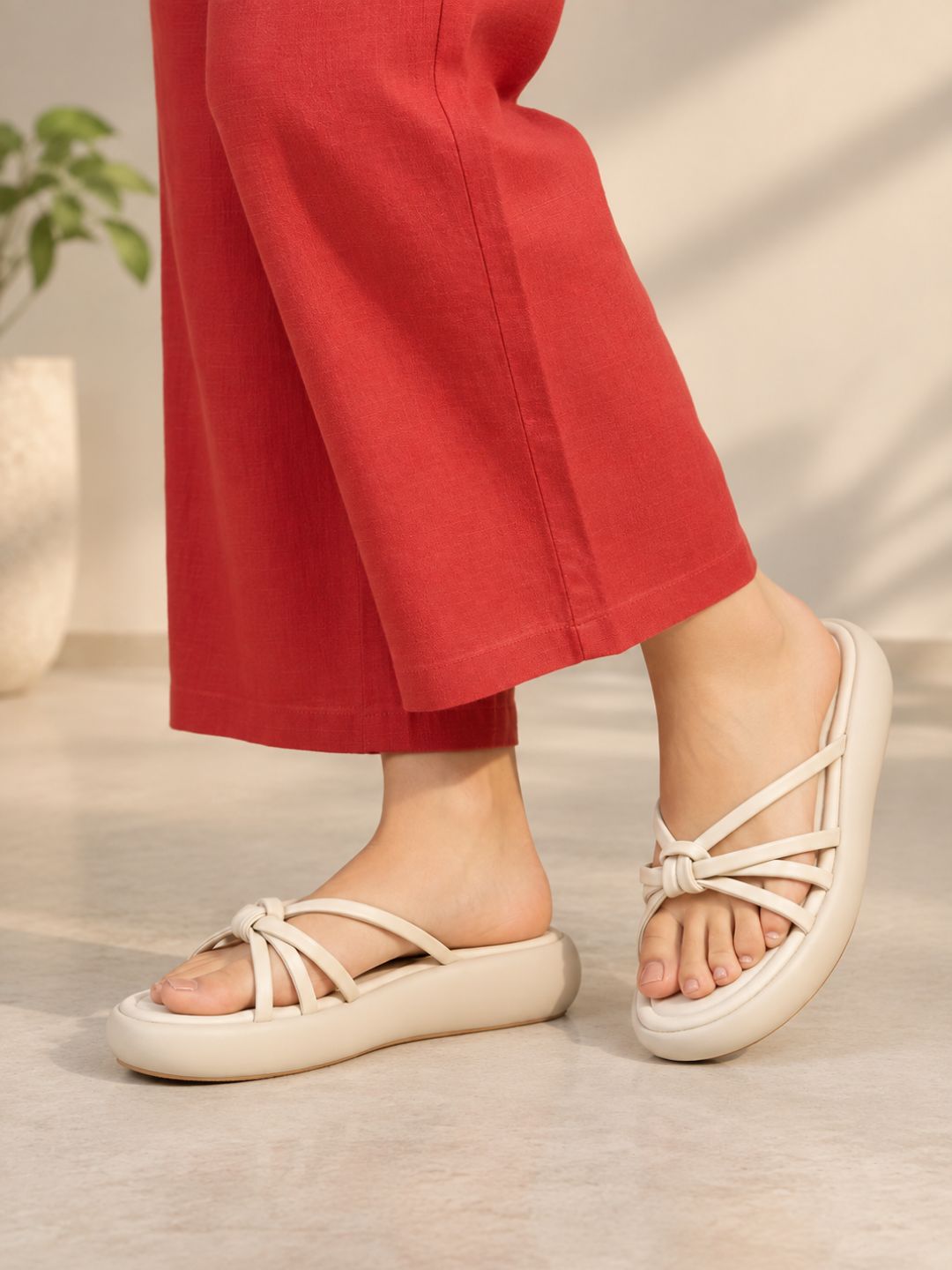 Womens Cream Casual Striped Open Toe Slip-On Flats
