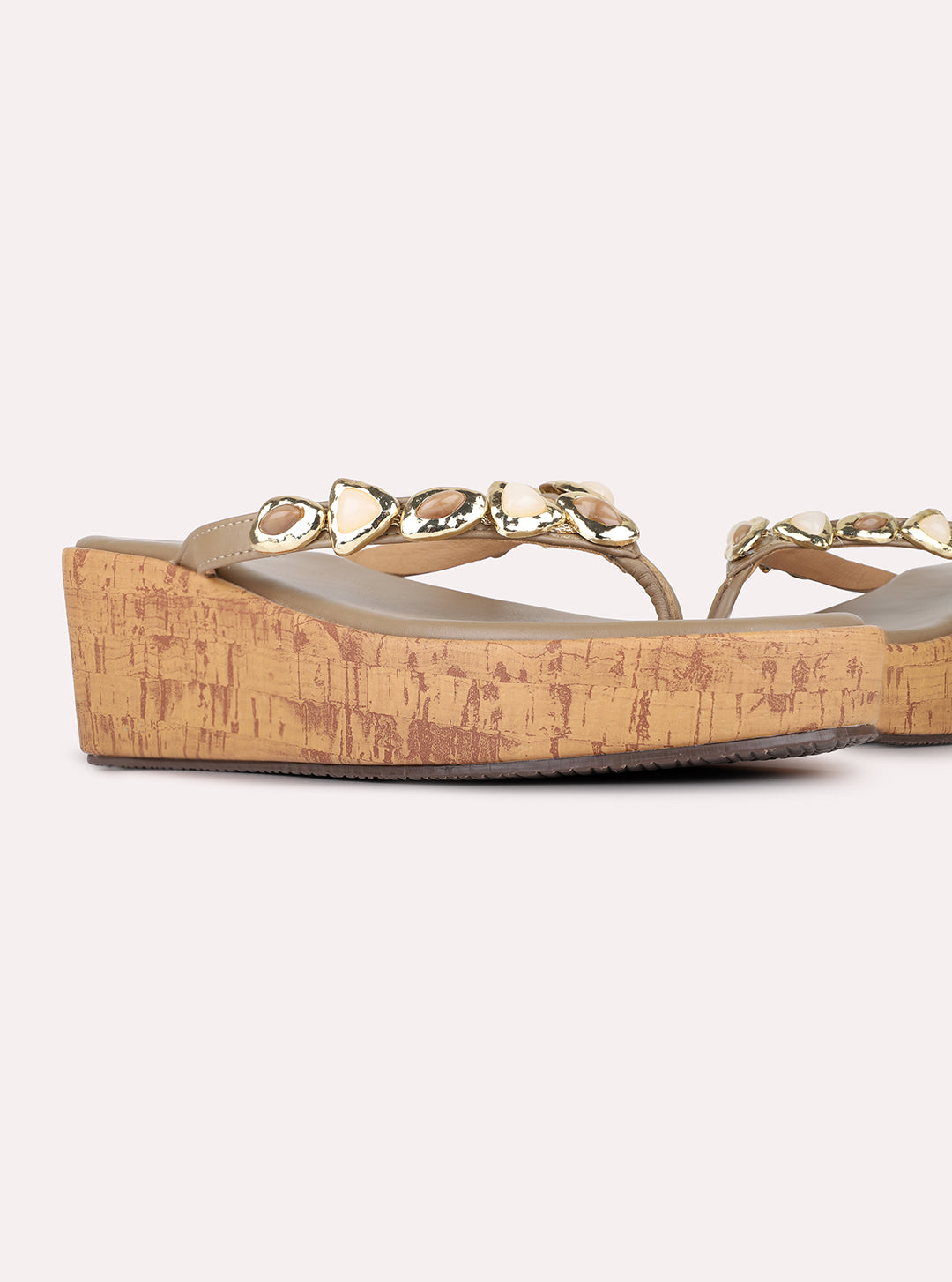 Womens Tan Casual Embellished Pattern Round Toe Wedge Heels