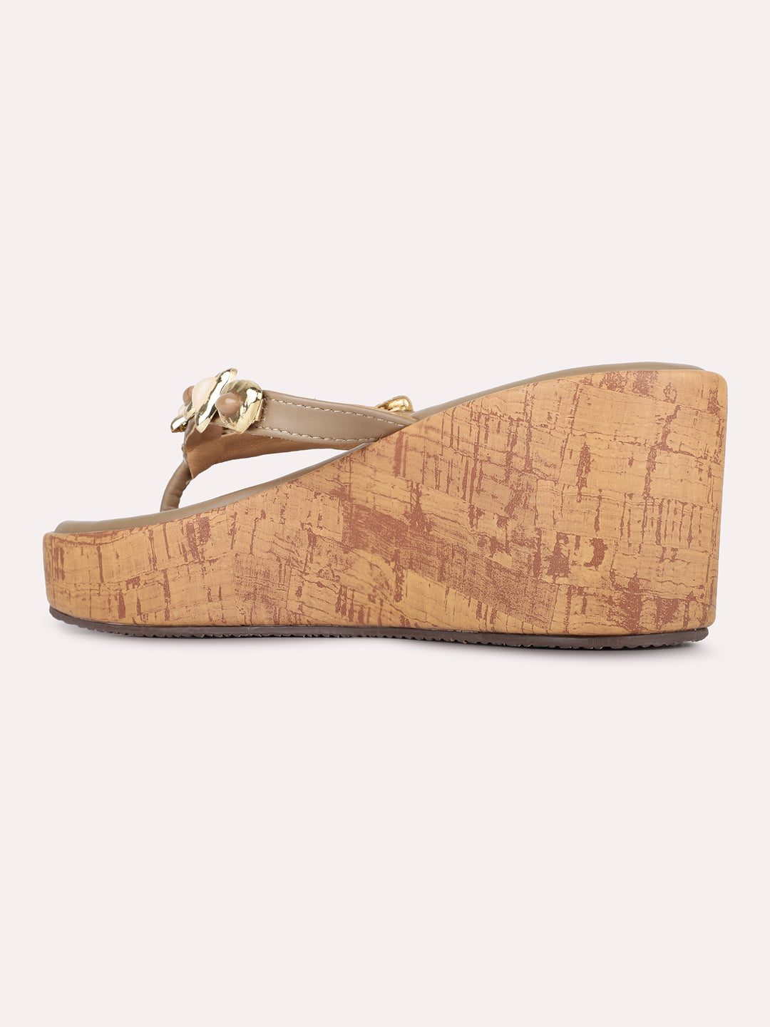 Womens Tan Casual Embellished Pattern Round Toe Wedge Heels