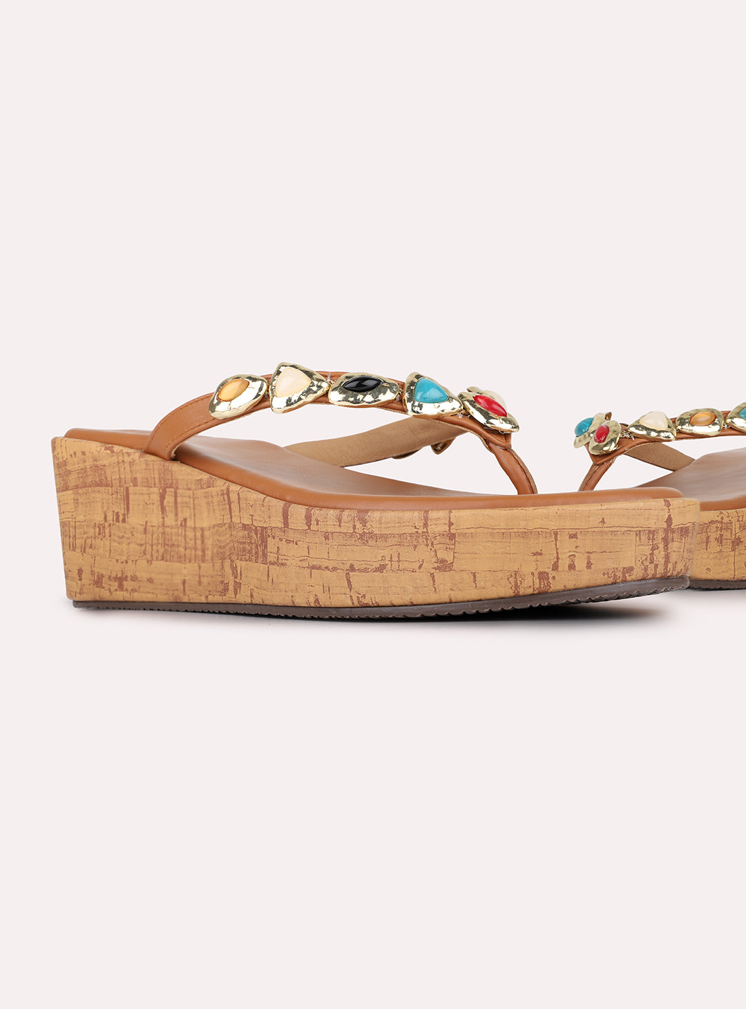 Womens Tan Casual Embellished Round Toe Wedge Heels
