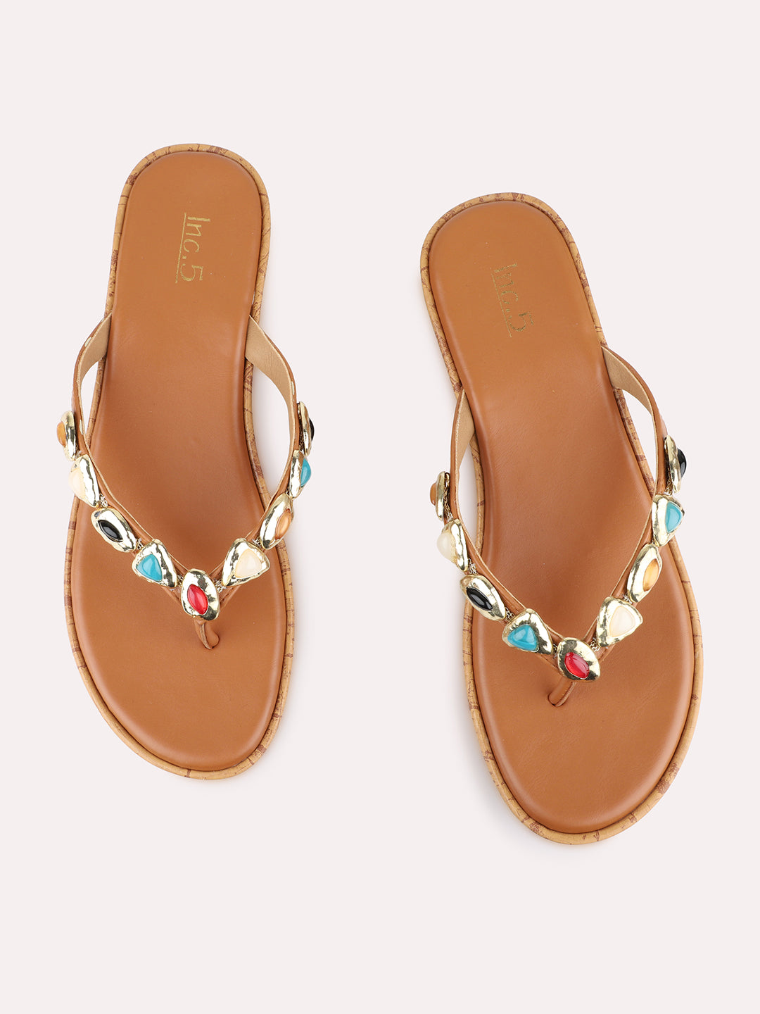 Womens Tan Casual Embellished Round Toe Wedge Heels