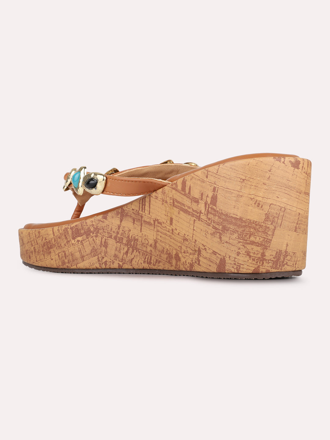 Womens Tan Casual Embellished Round Toe Wedge Heels
