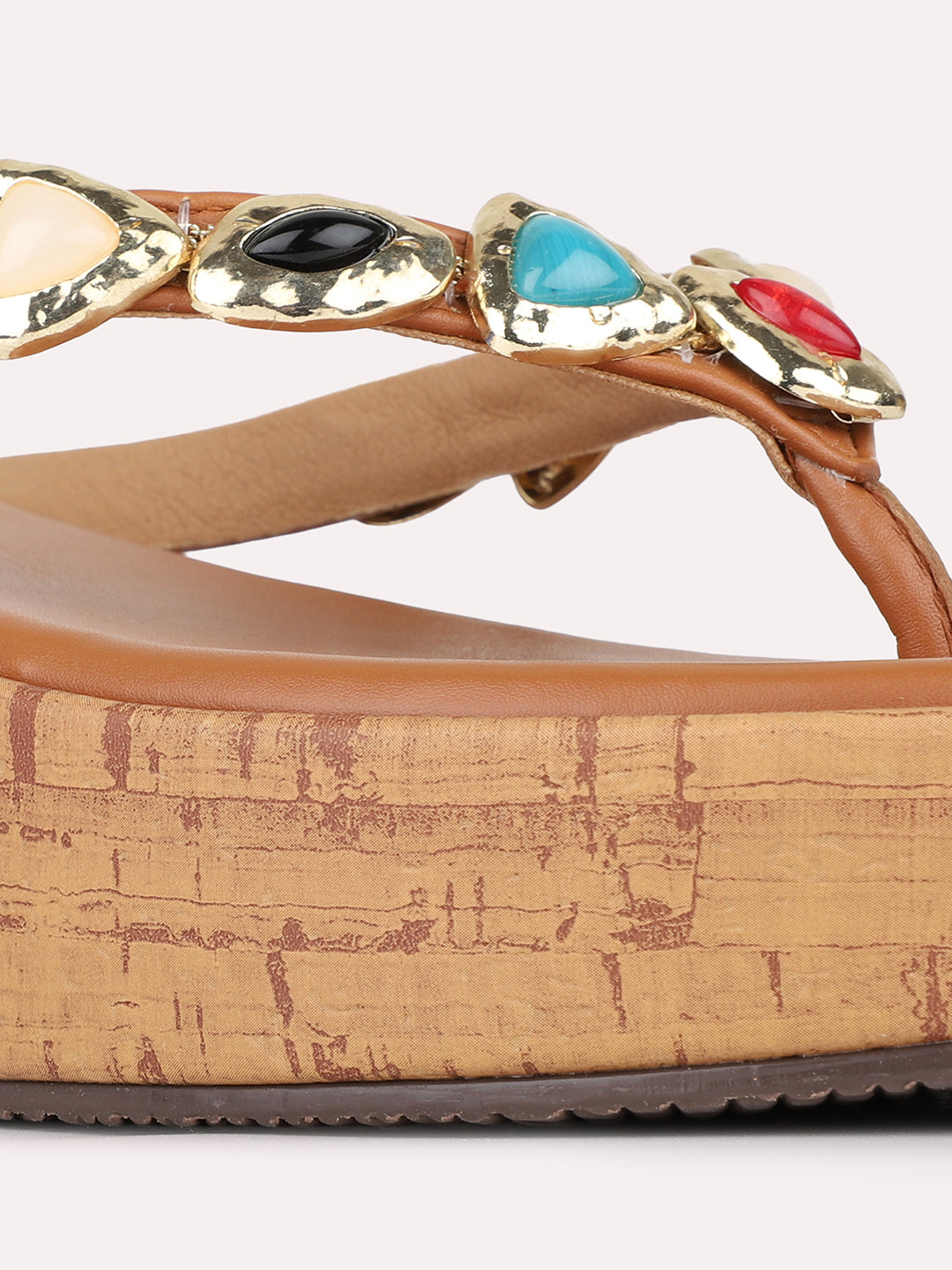 Womens Tan Casual Embellished Round Toe Wedge Heels