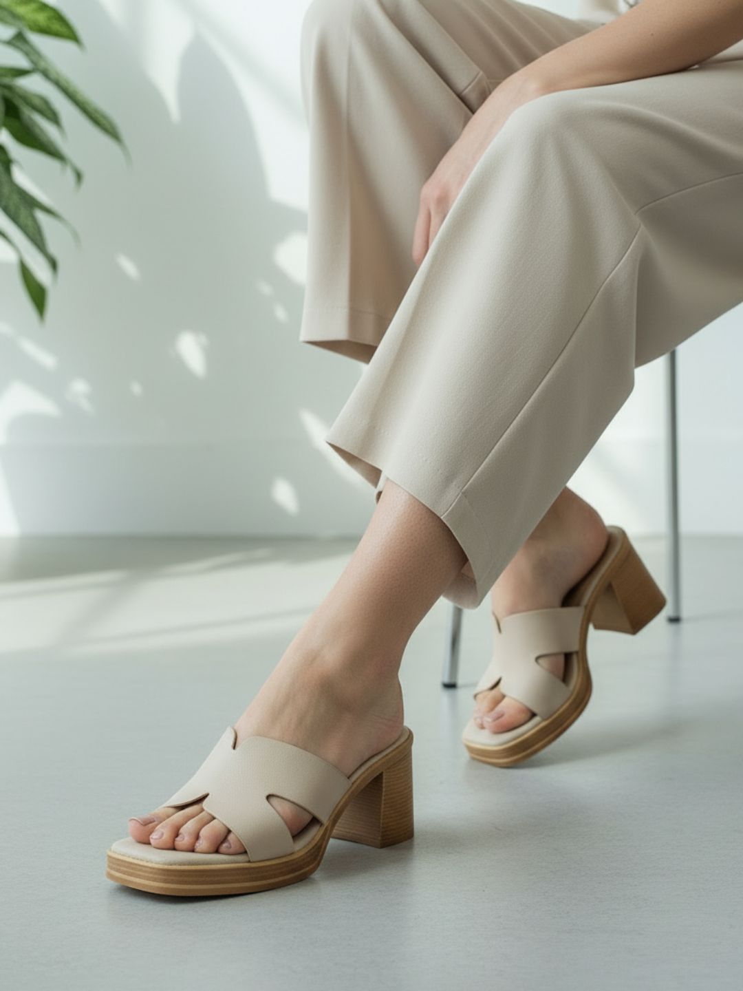 Womens Beige Casual Solid Pattern Round Toe Platform Heels