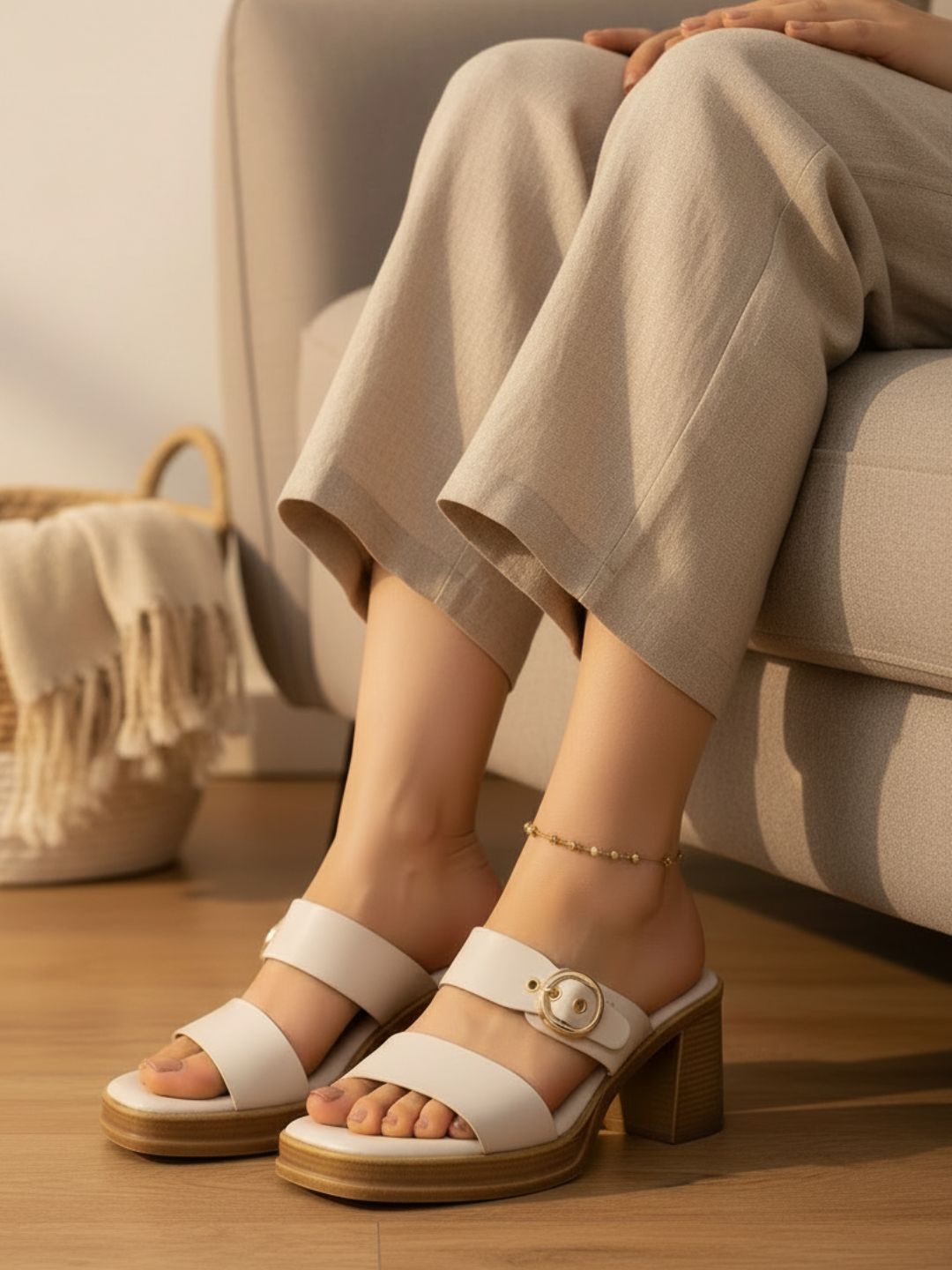 Womens Cream Casual Solid Pattern Square Toe Platform Heels