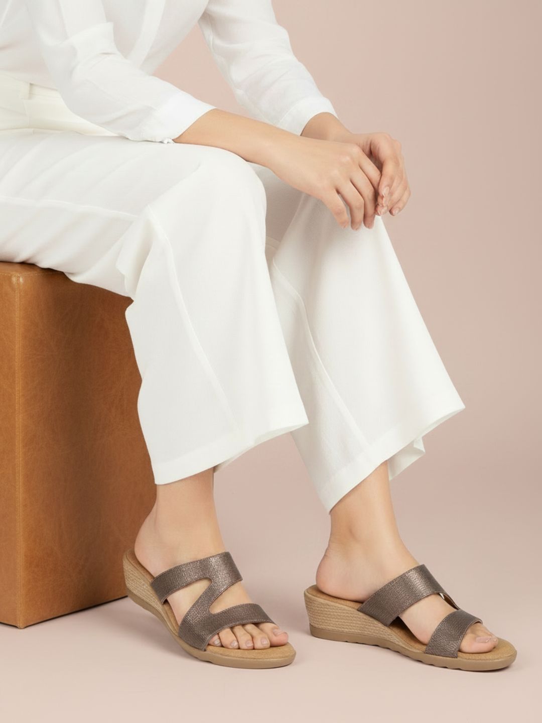 Womens Bronze Casual Solid Round Toe Wedge Heels