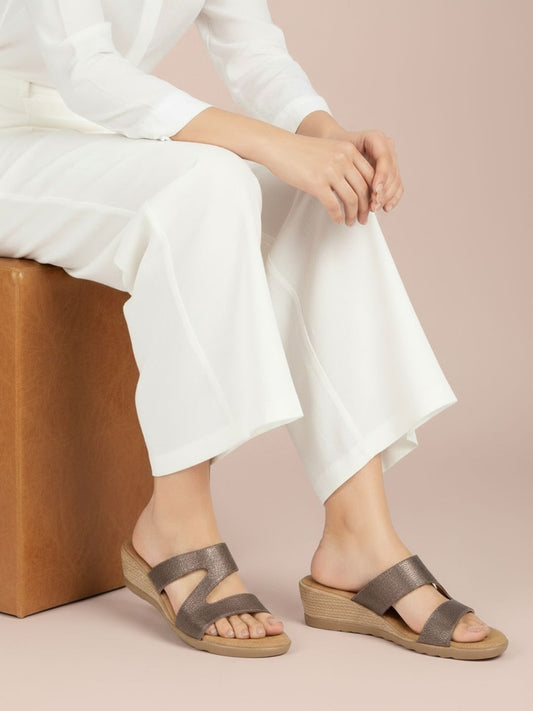 Womens Bronze Casual Solid Round Toe Wedge Heels