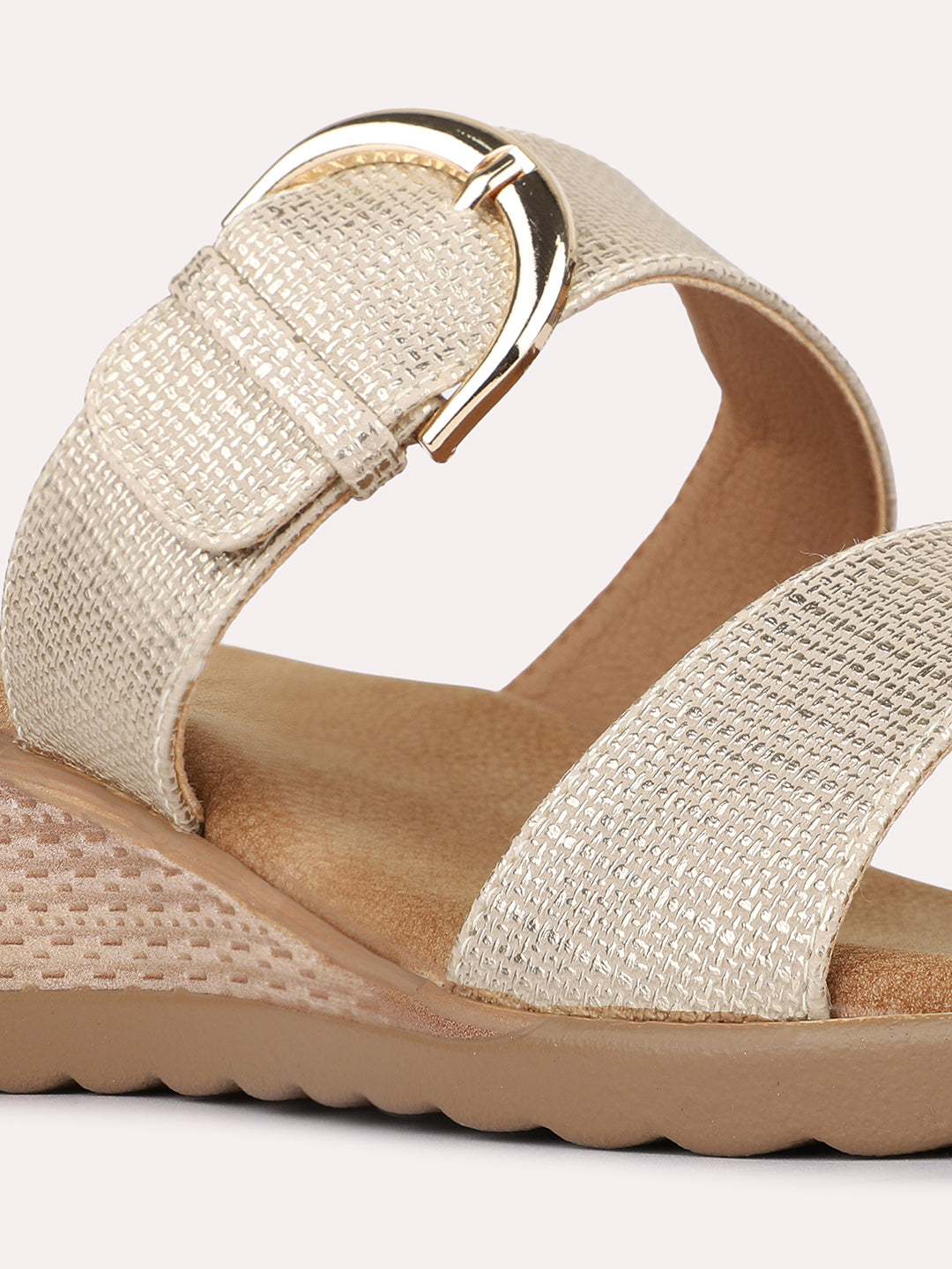Womens Golden Casual Solid Pattern Round Toe Wedge Heels