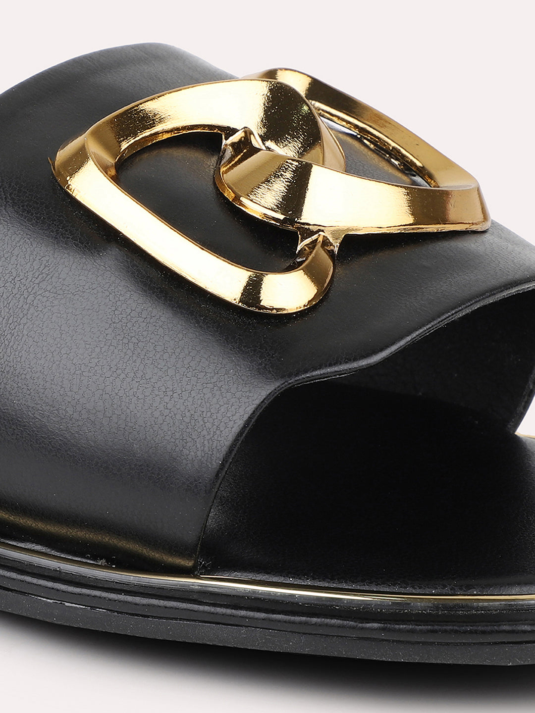 Women Black And Gold-Toned Buckled Open Toe Flats