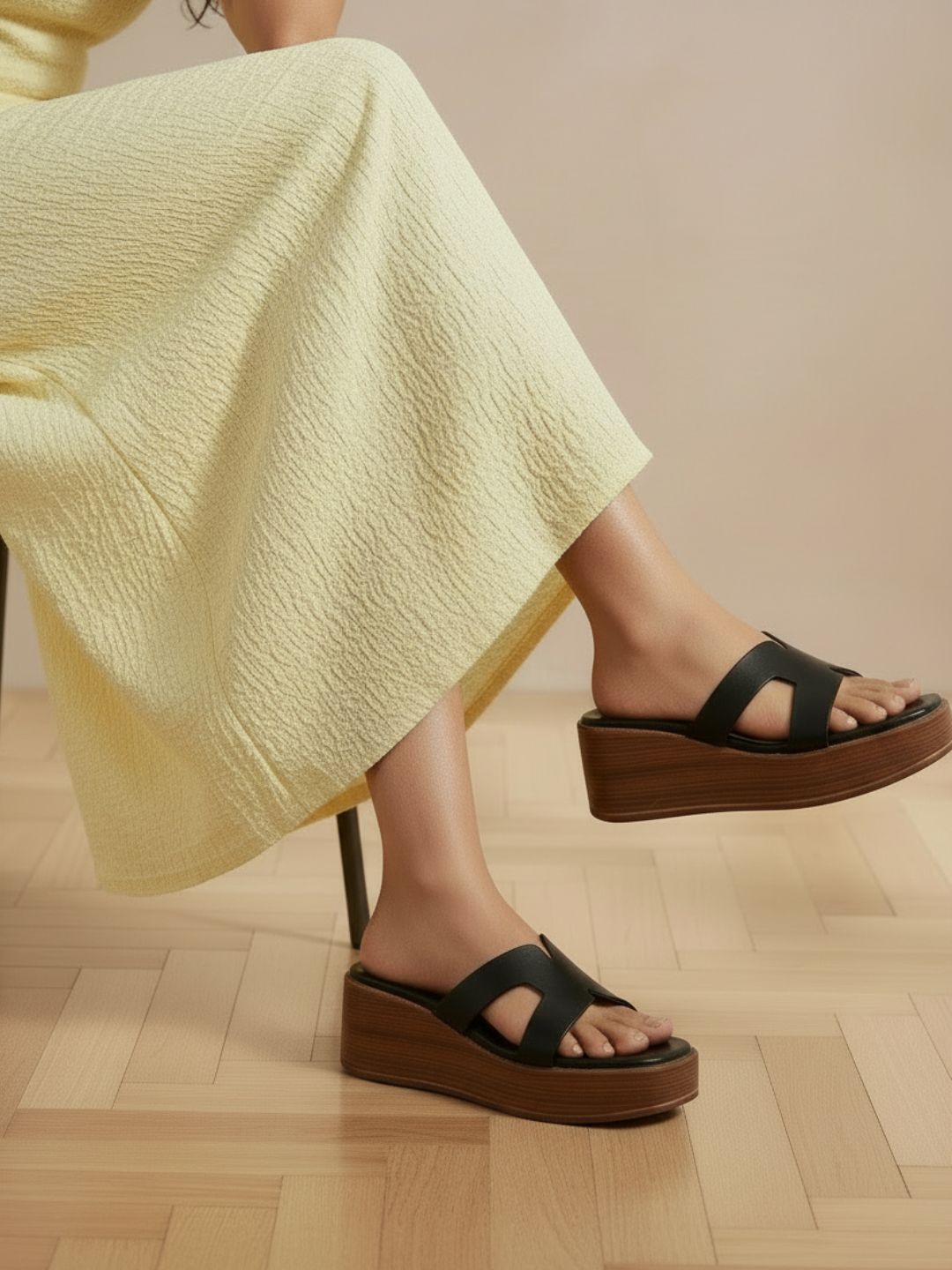 Womens Black Casual Solid Pattern Round Toe Wedge Heels