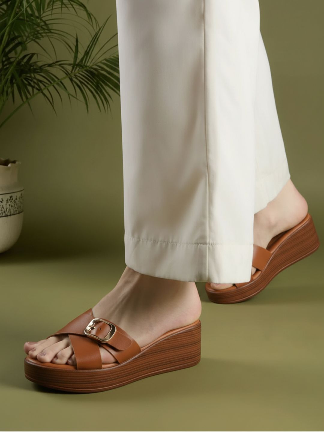 Womens Tan Casual Solid Pattern Square Toe Wedges
