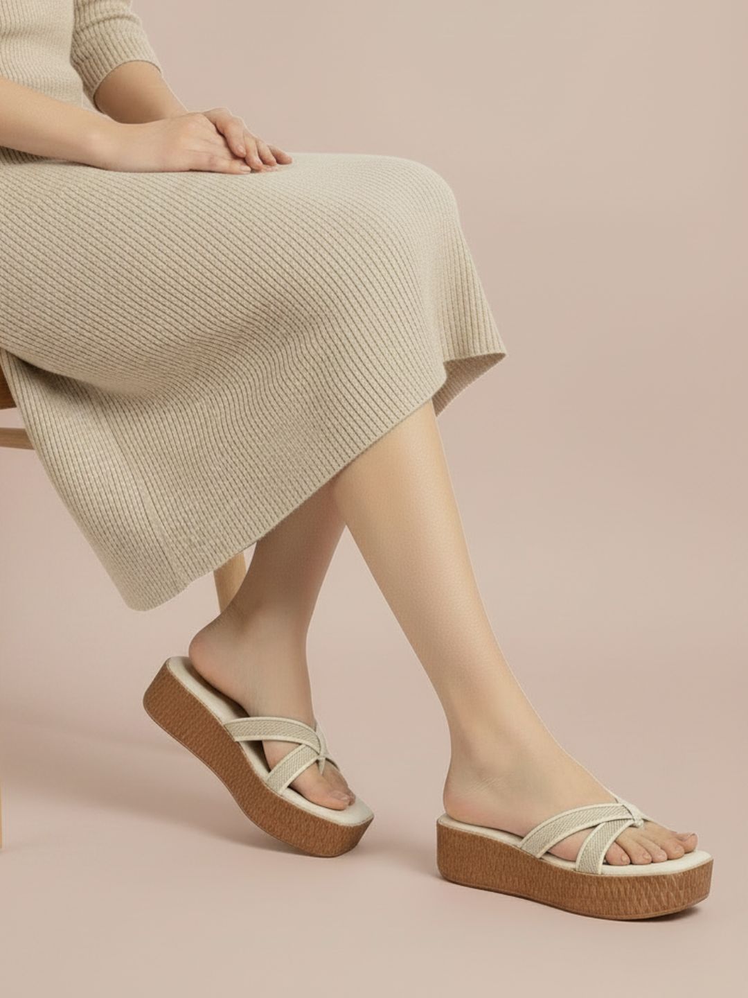 Womens Cream Casual Solid Round Toe Wedge Heels
