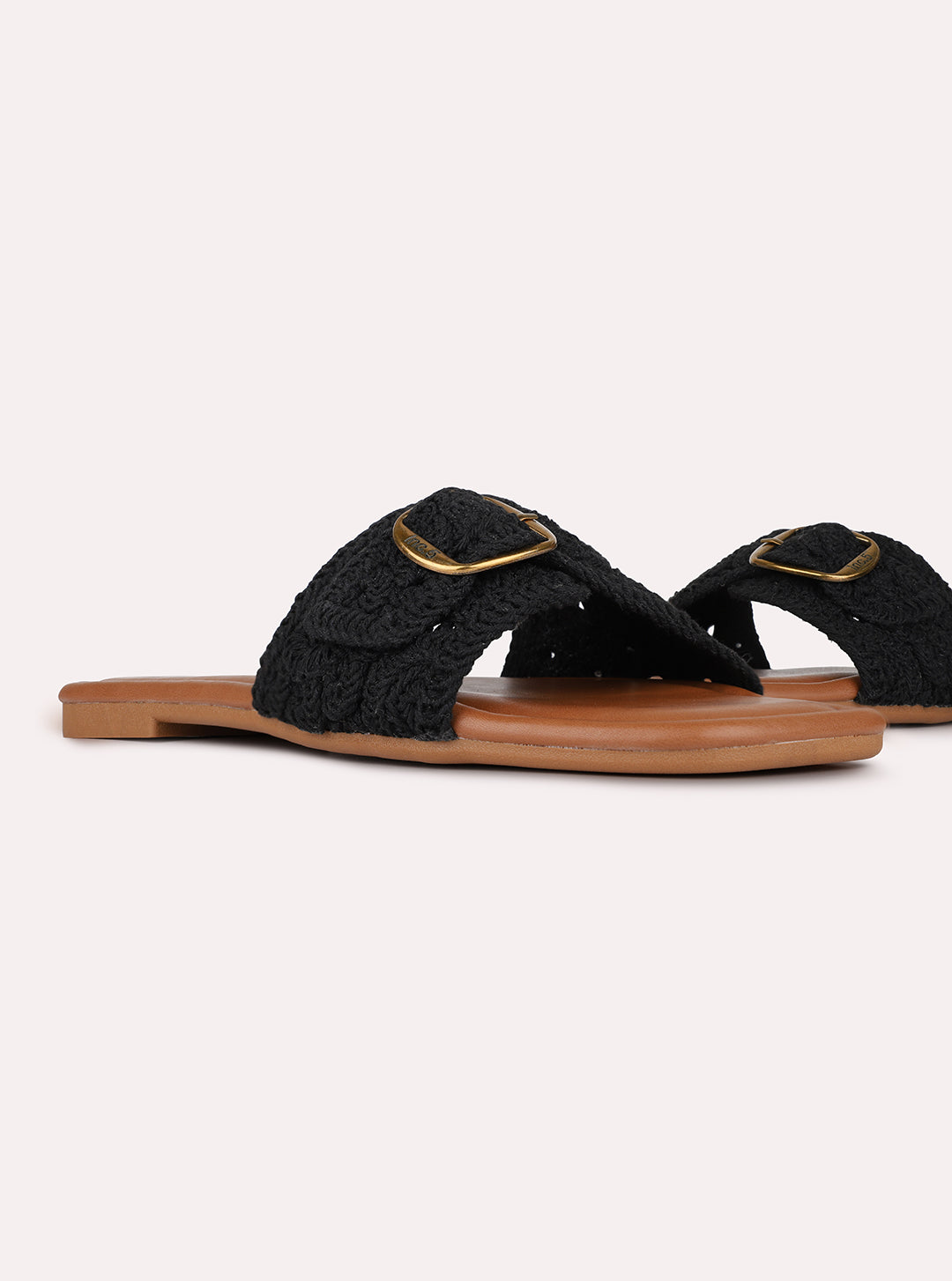 Womens Black Casual Solid Pattern Square Toe Flat Slip-Ons