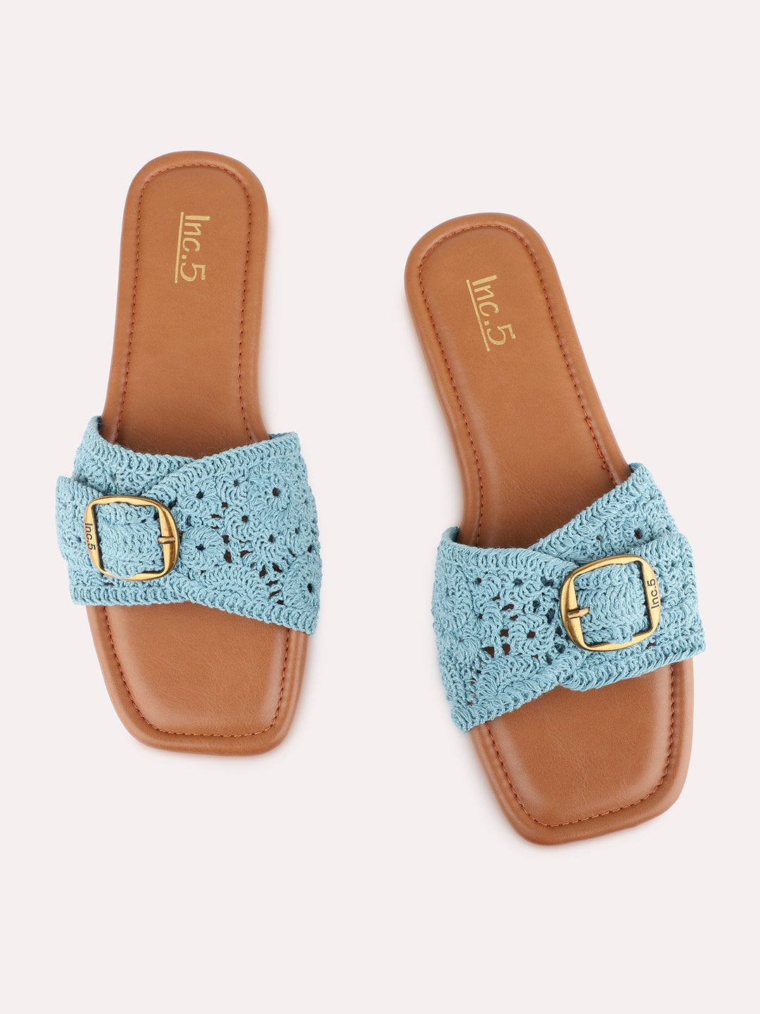 Womens Blue Casual Solid Pattern Square Toe Flat Slip-Ons