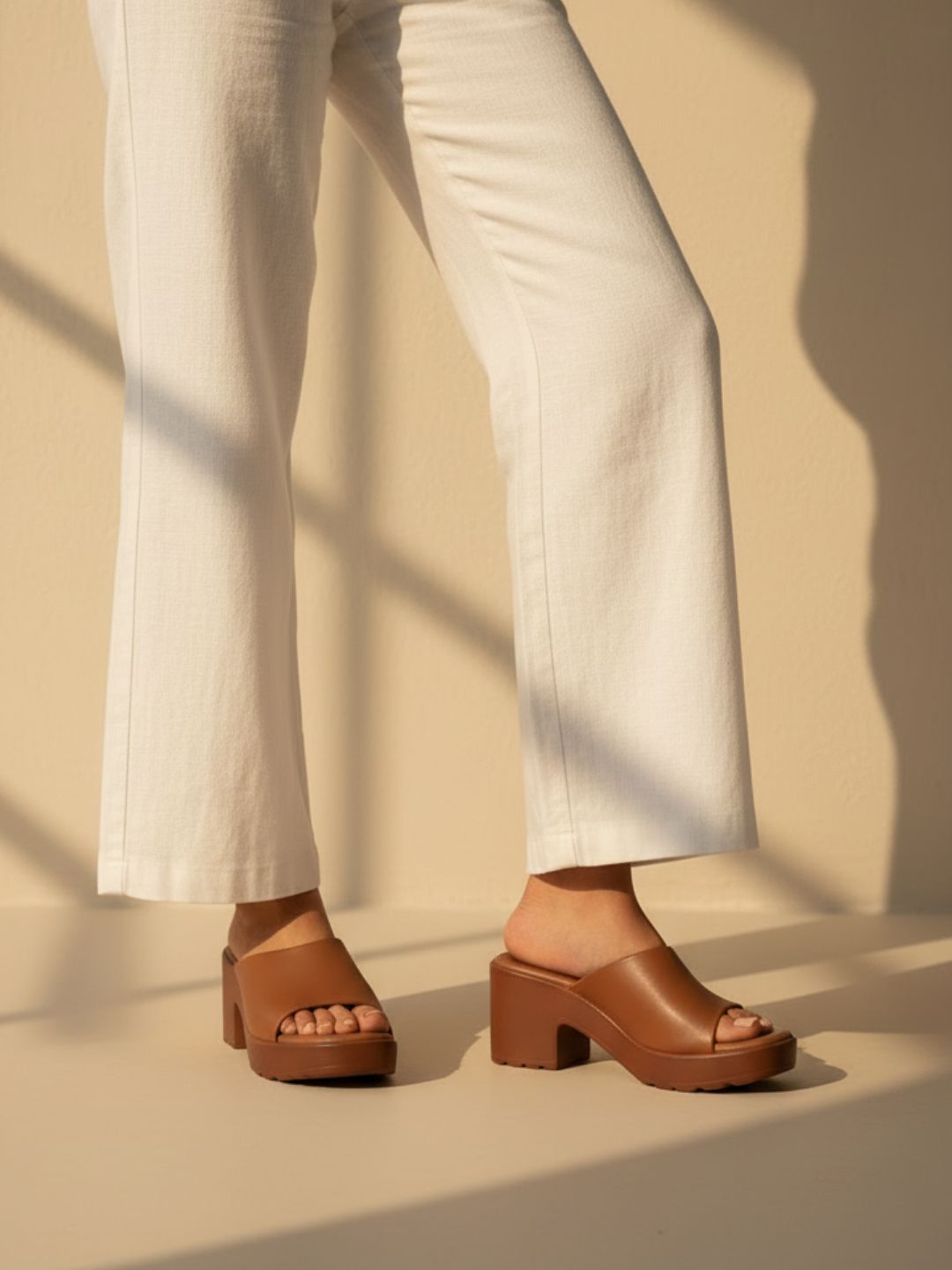 Womens Tan Casual Solid Pattern Round Toe Shape Platform Heels
