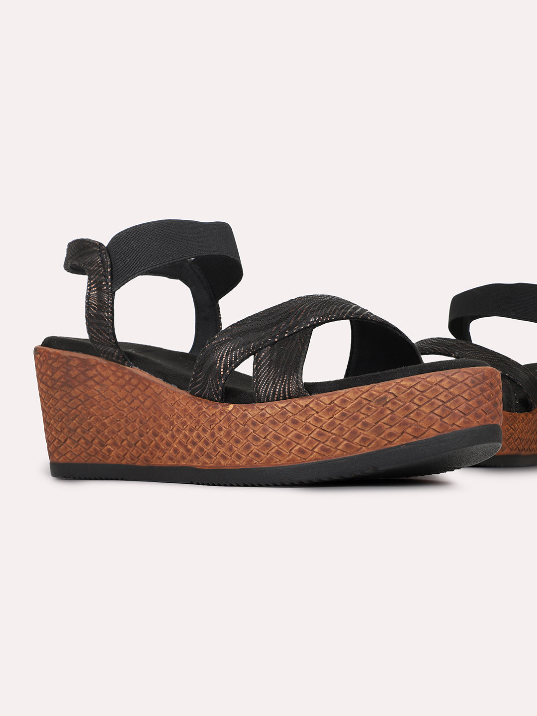 Womens Black Casual Printed Round Toe Wedges Heels