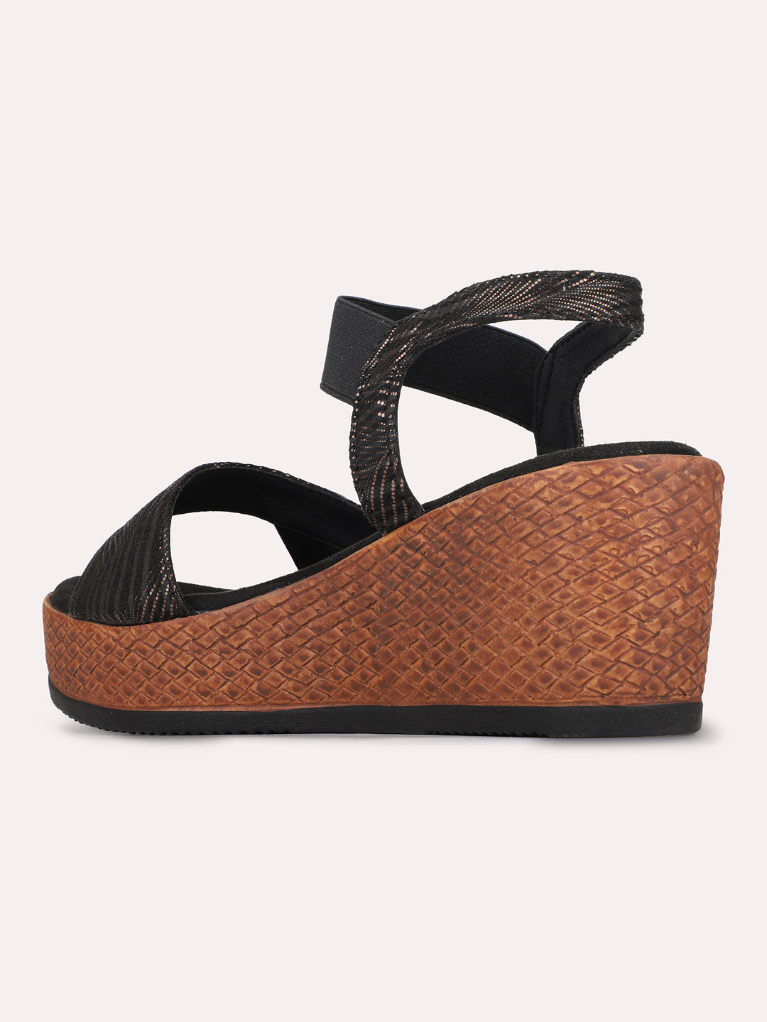 Womens Black Casual Printed Round Toe Wedges Heels