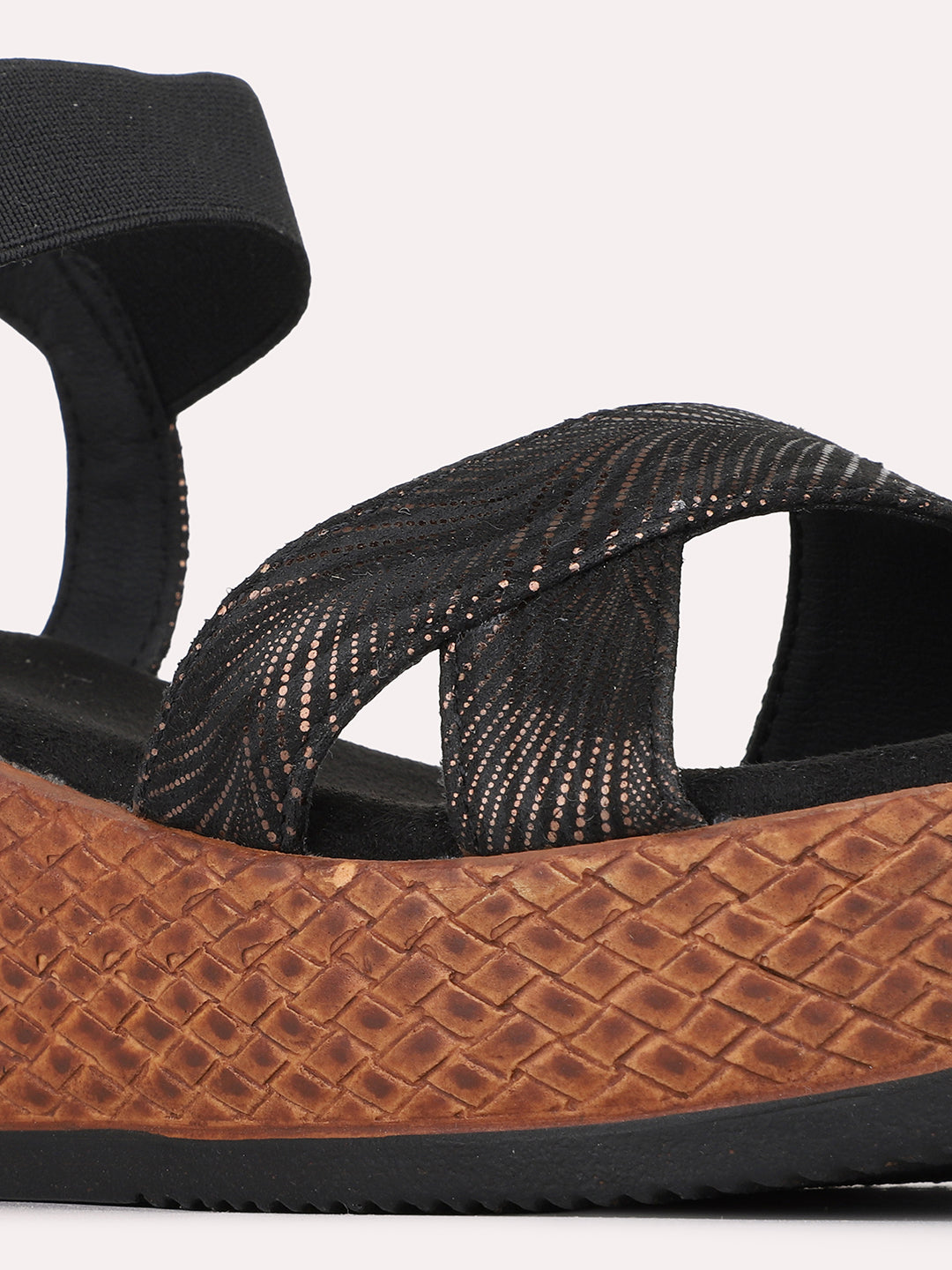 Womens Black Casual Printed Round Toe Wedges Heels