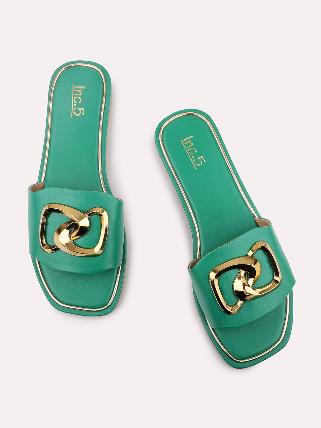 Women Green And Gold-Toned Buckled Open Toe Flats
