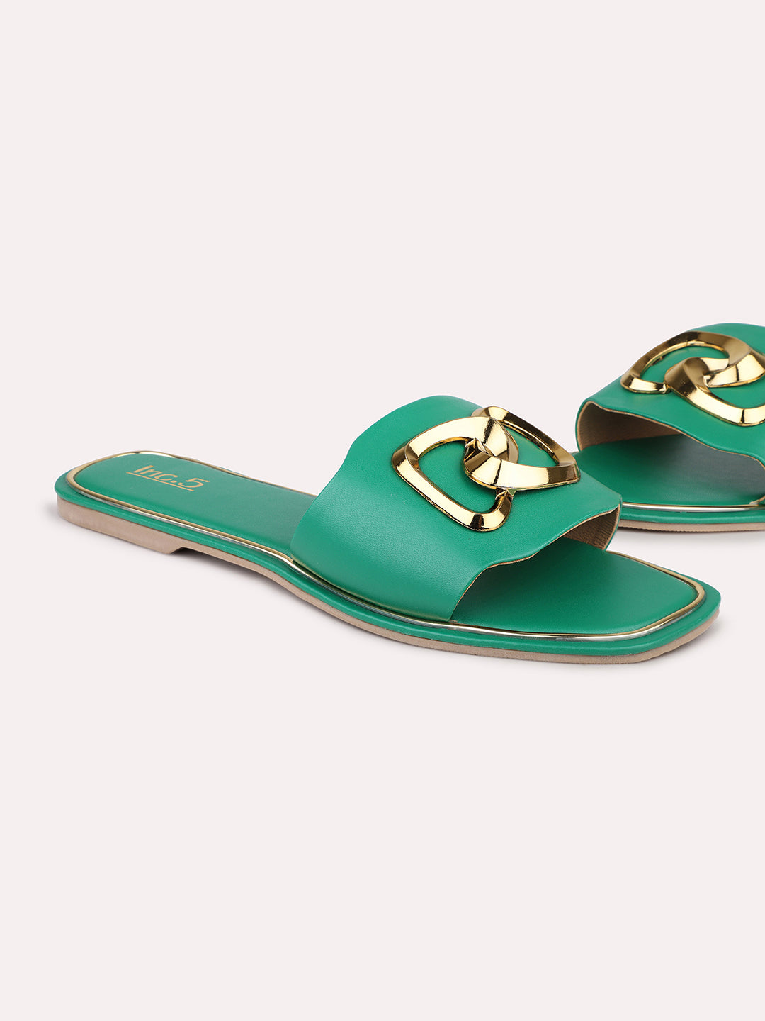 Women Green And Gold-Toned Buckled Open Toe Flats