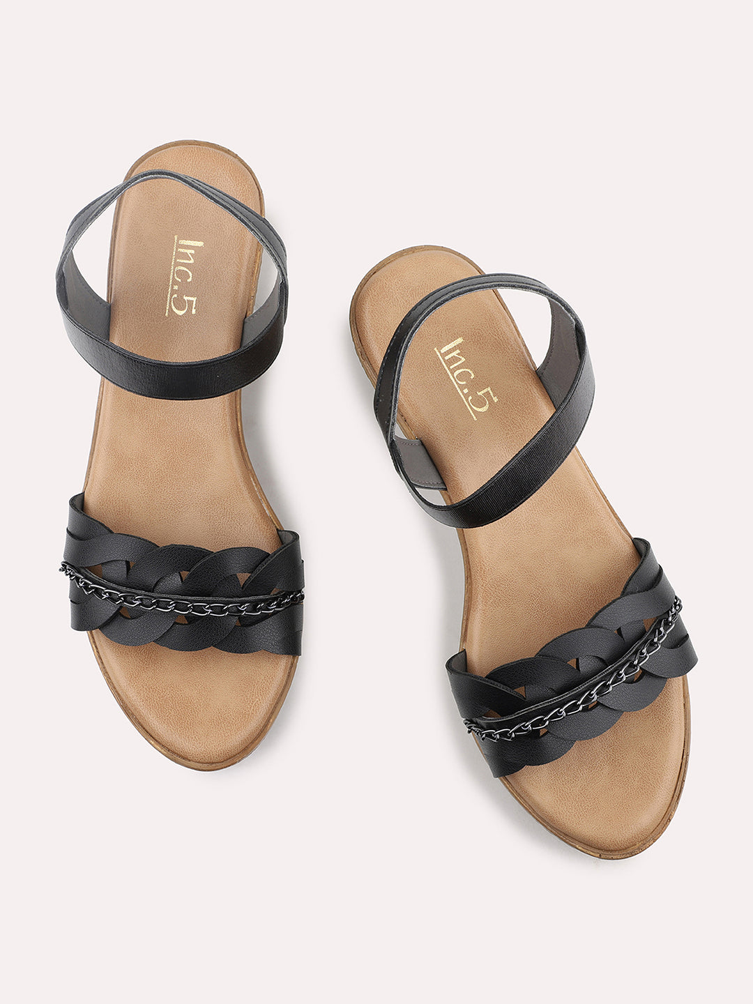 Women Black Textured Wedge Sandals