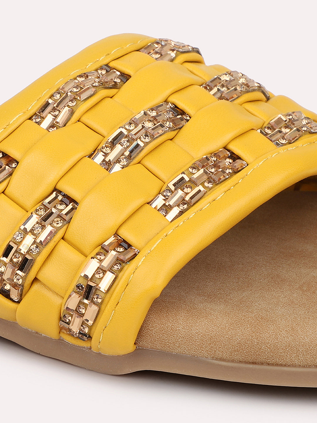 Women Mustard Stones Embellished Open Toe Flats