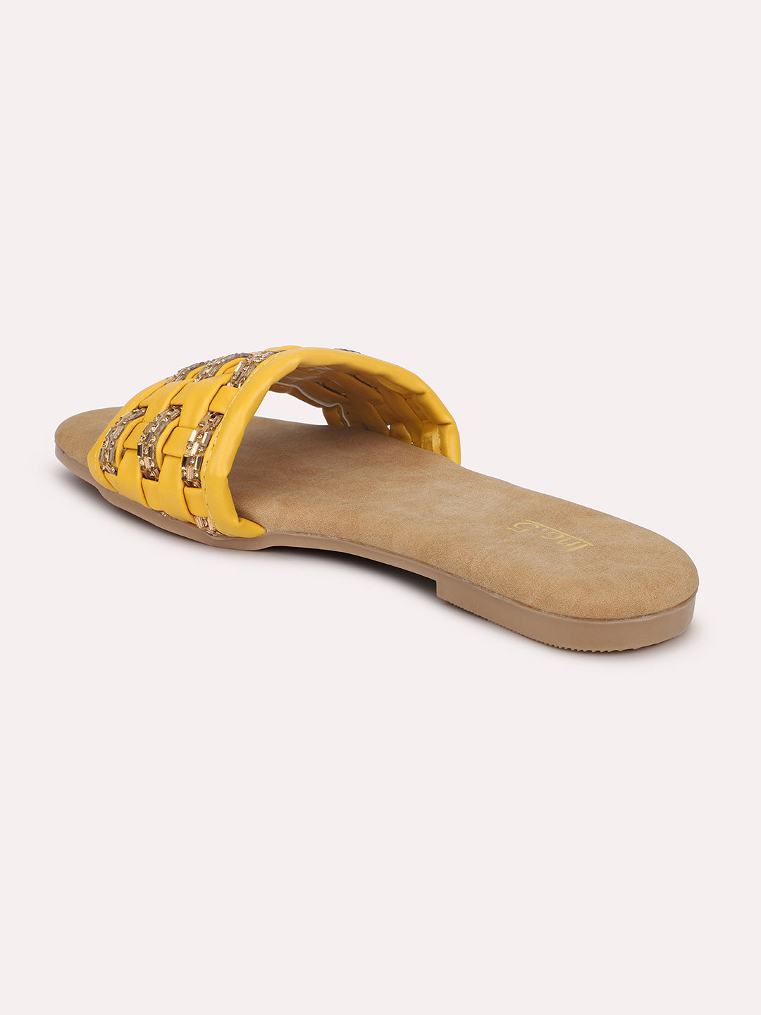 Women Mustard Stones Embellished Open Toe Flats