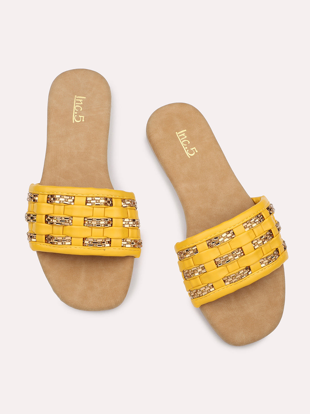 Women Mustard Stones Embellished Open Toe Flats