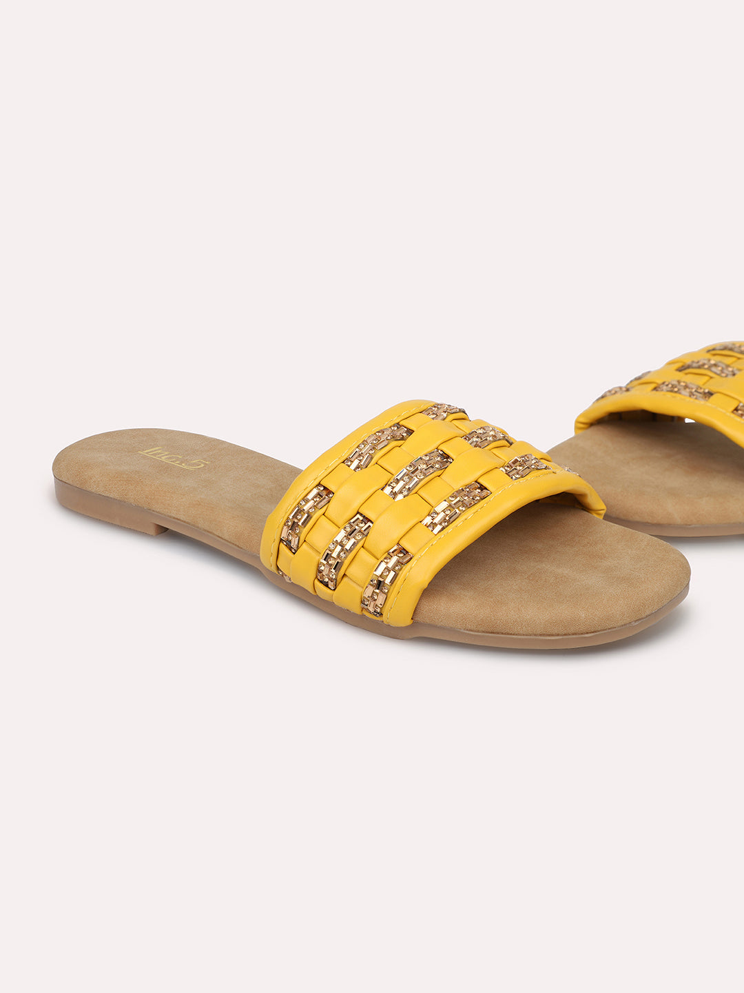 Women Mustard Stones Embellished Open Toe Flats