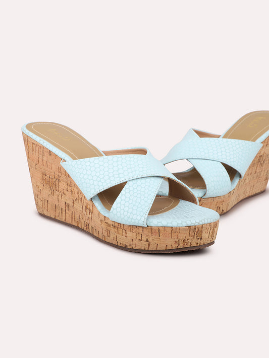 Women Blue Textured Open-Toe Wedges