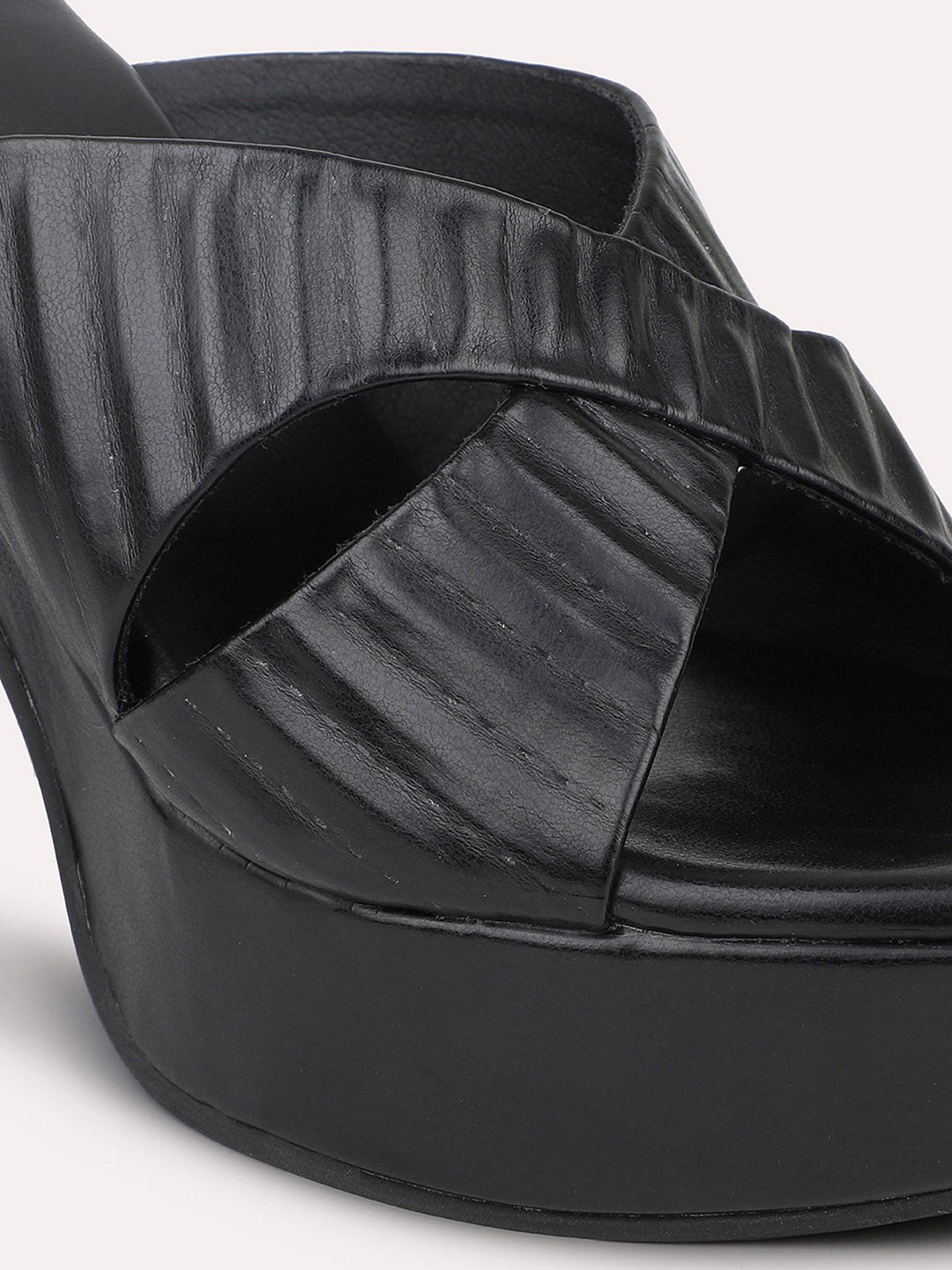 Women Black Textured Platform Heels