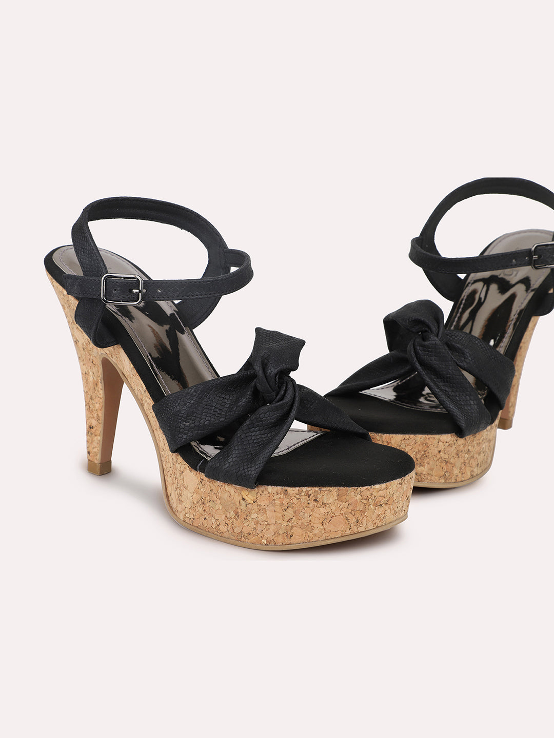 Women Black Textured Platform Heels