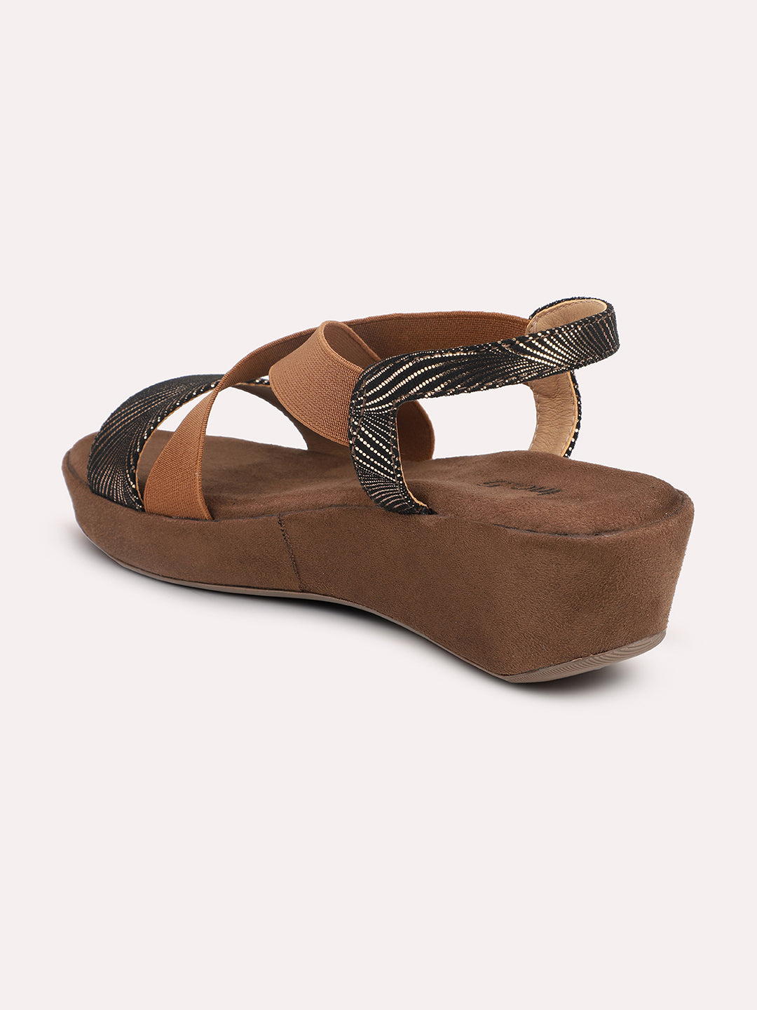 Back view of women’s antique textured wedge sandals with cross straps by INC5