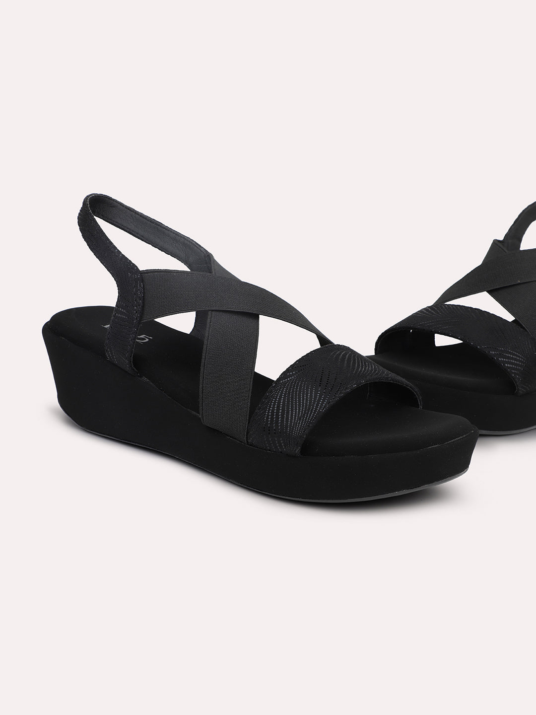 Women Black Textured Open-Toe Wedges