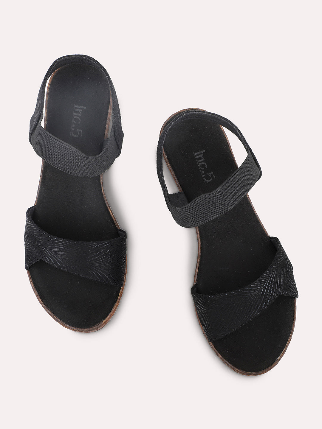 Women Black Textured Open-Toe Wedges