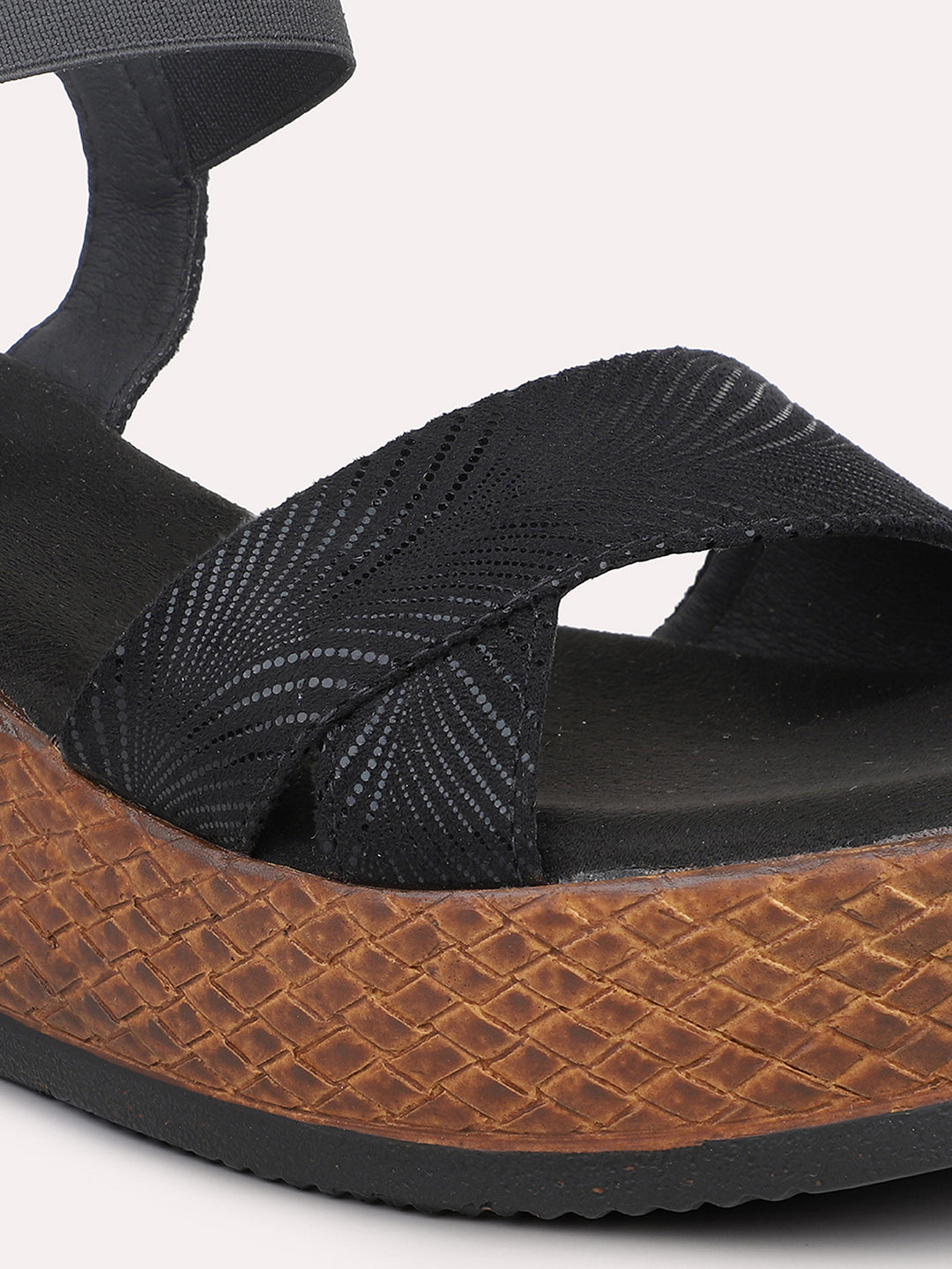 Women Black Textured Open-Toe Wedges