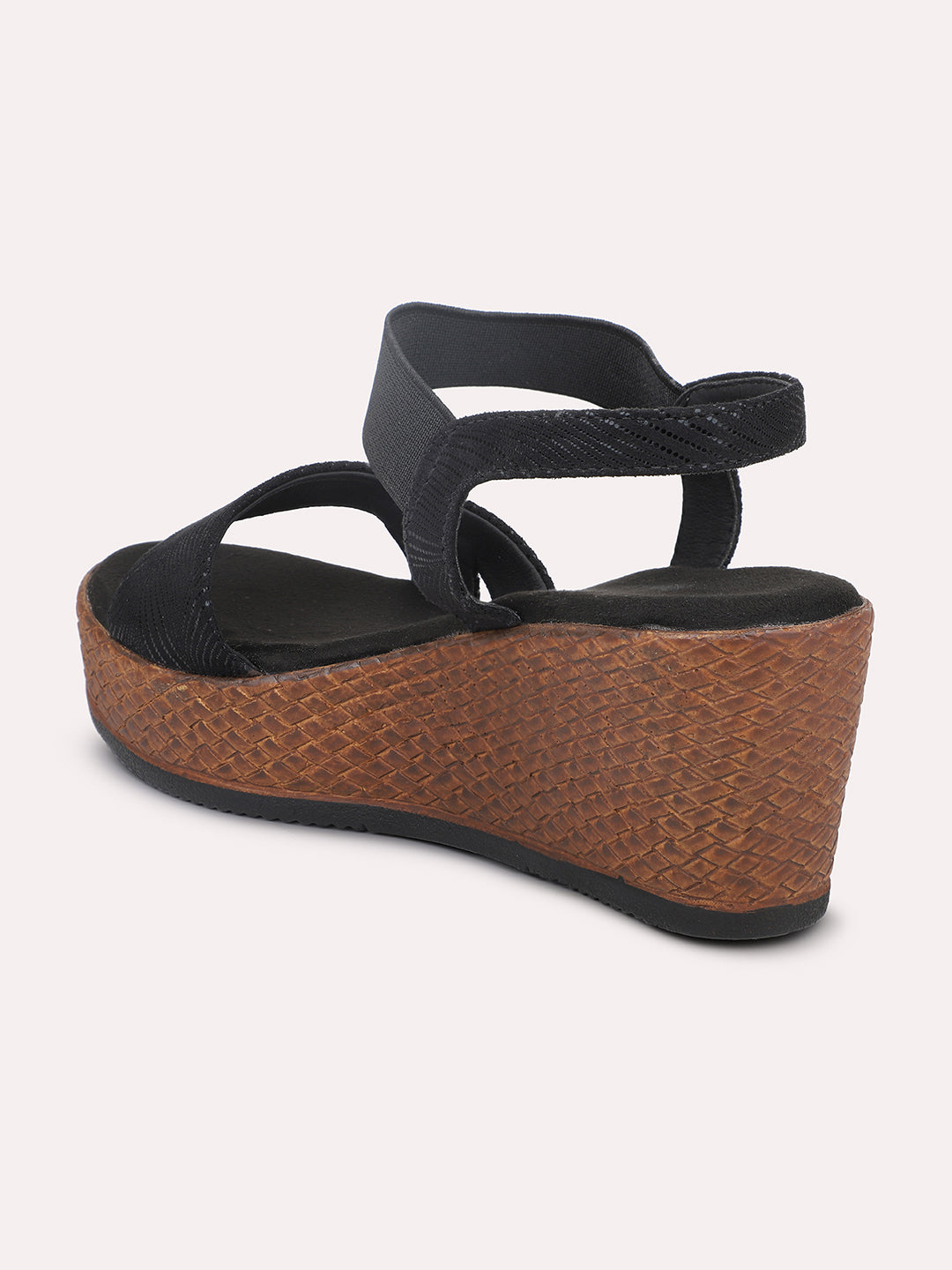 Women Black Textured Open-Toe Wedges