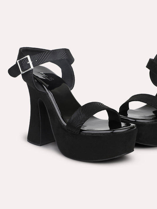 Women Black Textured Platform Heels